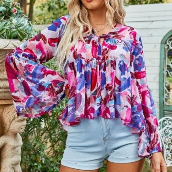 Knot Front Flounce Sleeve Peplum Blouse - Picture 1 of 6